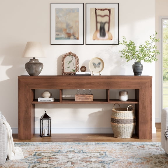 Romorgniz 63'' Long Console Table Wooden Sofa Table Behind Couch Farmhouse Entryway Table with Storage Shelves, Dark Brown