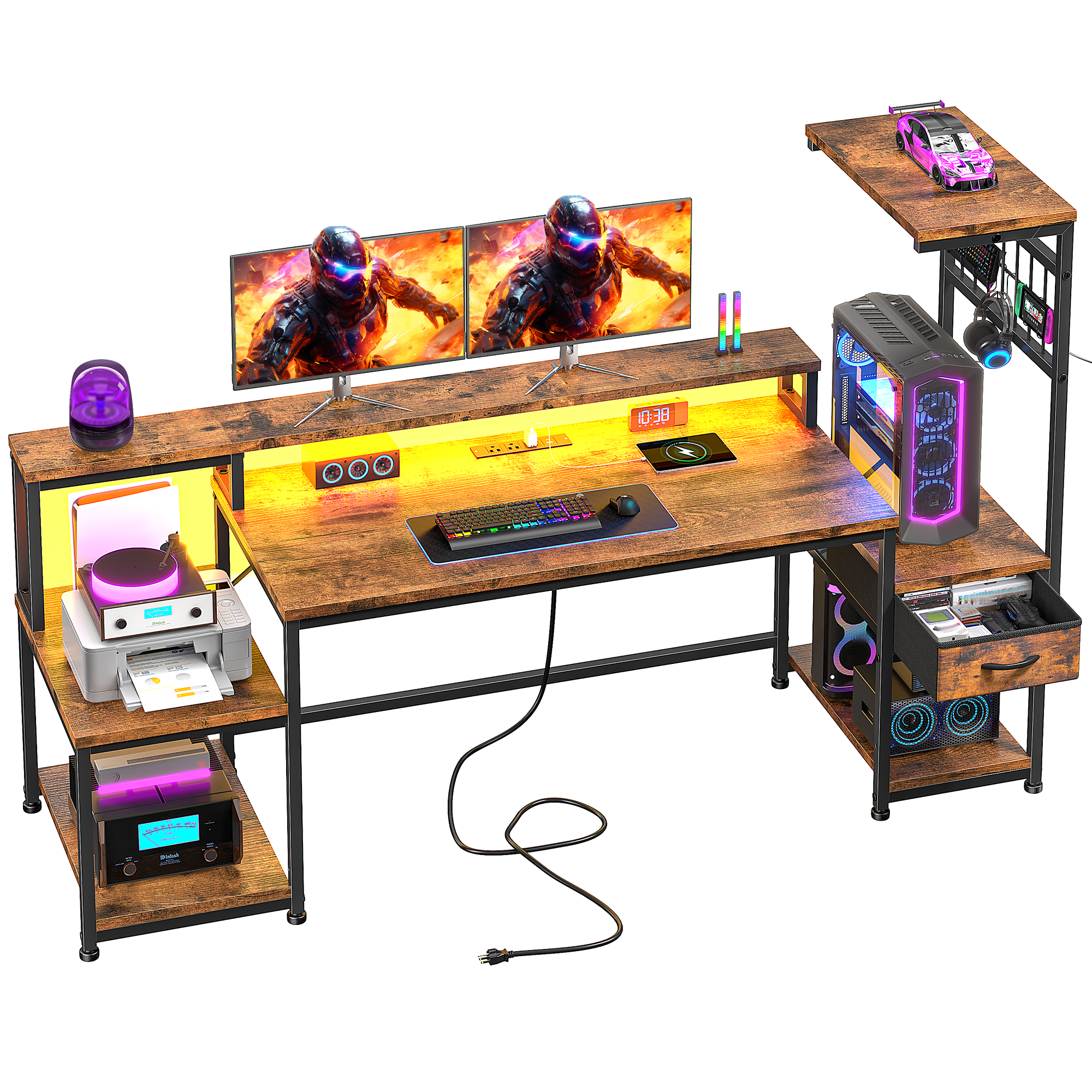 Romorgniz 63"W Gaming Desk Computer Desk with Hutch Corner Desk with LED Lights， Outlets & Monitor Stand for Gaming,Studying,Home Office Desks,Rustic Brown