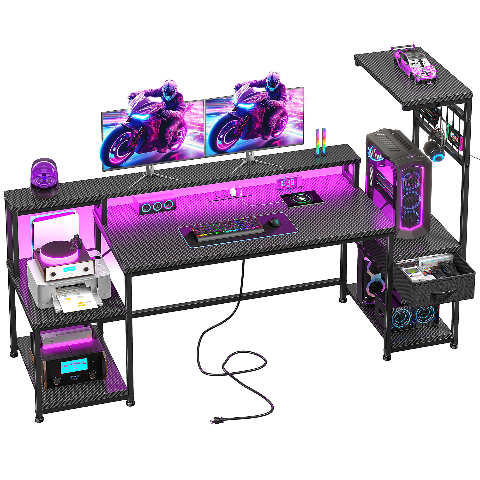 Romorgniz 63"W Gaming Desk Computer Desk with LED Lights & Outlets Corner Desk with Storage & Monitor Stand for Gaming,Studying,Home Office Desks,Black