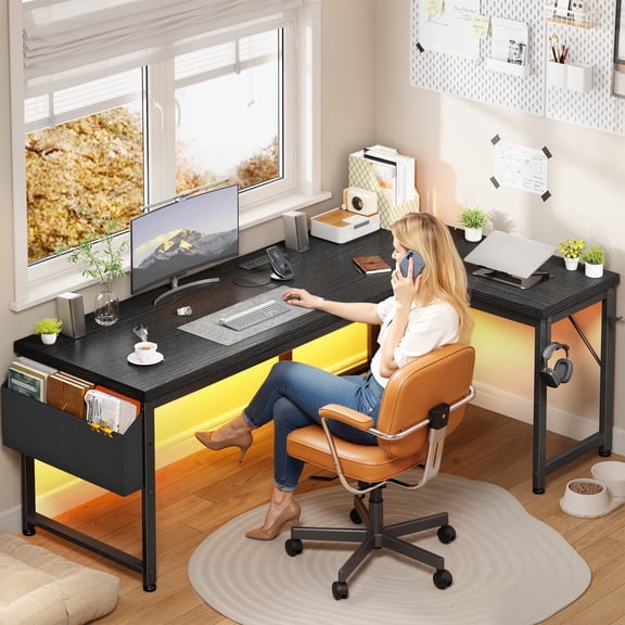 Romorgniz 63"W L-Shaped Desk with LED Lights, Computer Workstation with Storage, Reversible Gaming with Outlets, Black