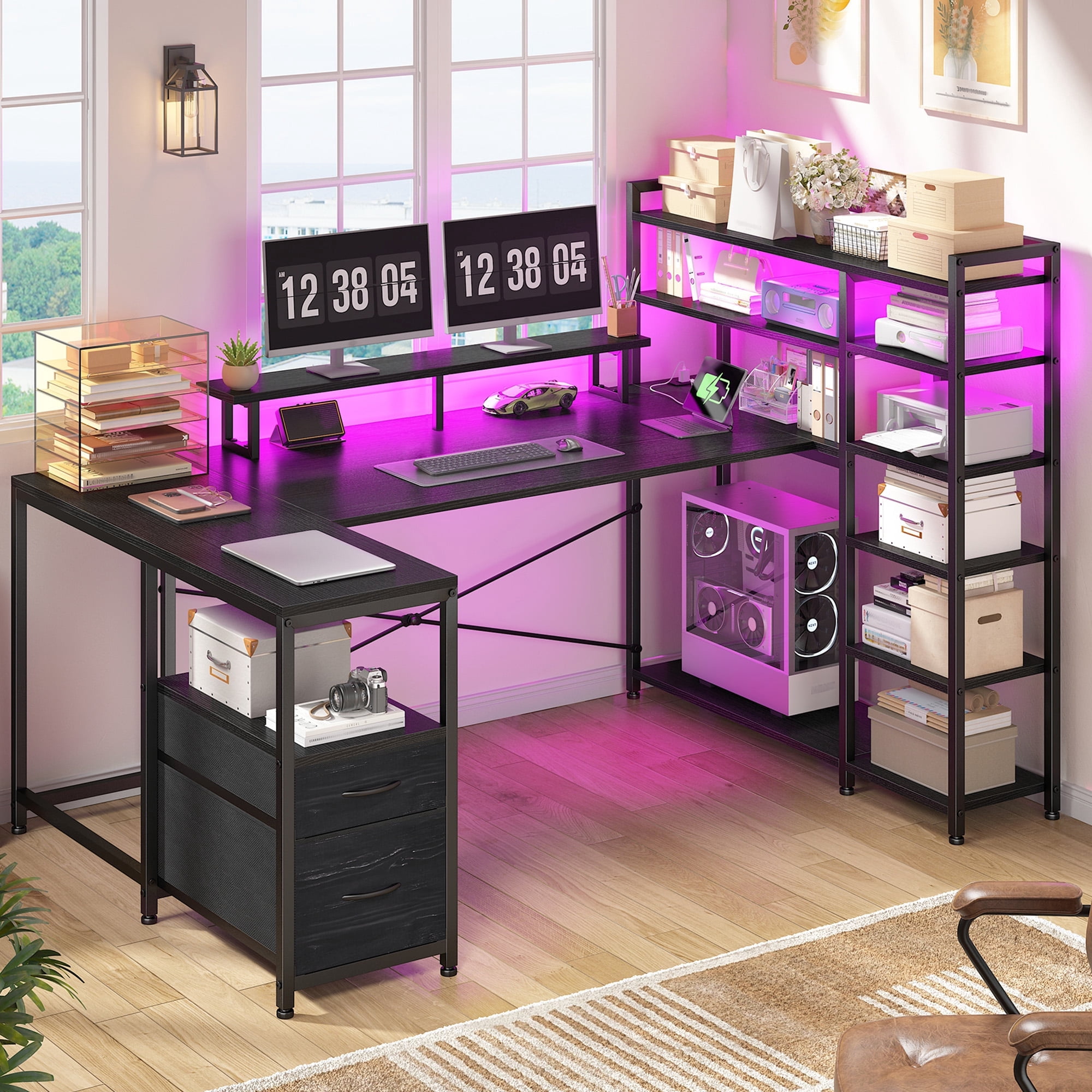 Romorgniz 63 inch U-Shaped Gaming Desk with Power Outlet & LED Lights, 6-Tier Storage Shelves & 2 Fabric Drawers, Reversible Computer Desk for Home Office, Black