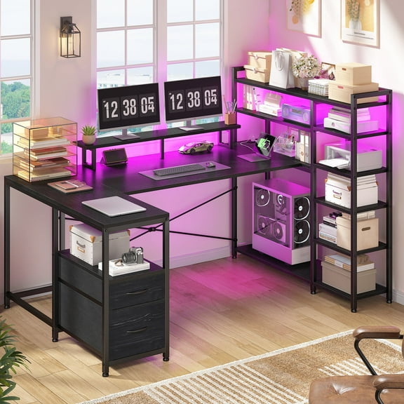 Romorgniz 63 inch U-Shaped Gaming Desk with Power Outlet & LED Lights, 6-Tier Storage Shelves & 2 Fabric Drawers, Reversible Computer Desk for Home Office, Black