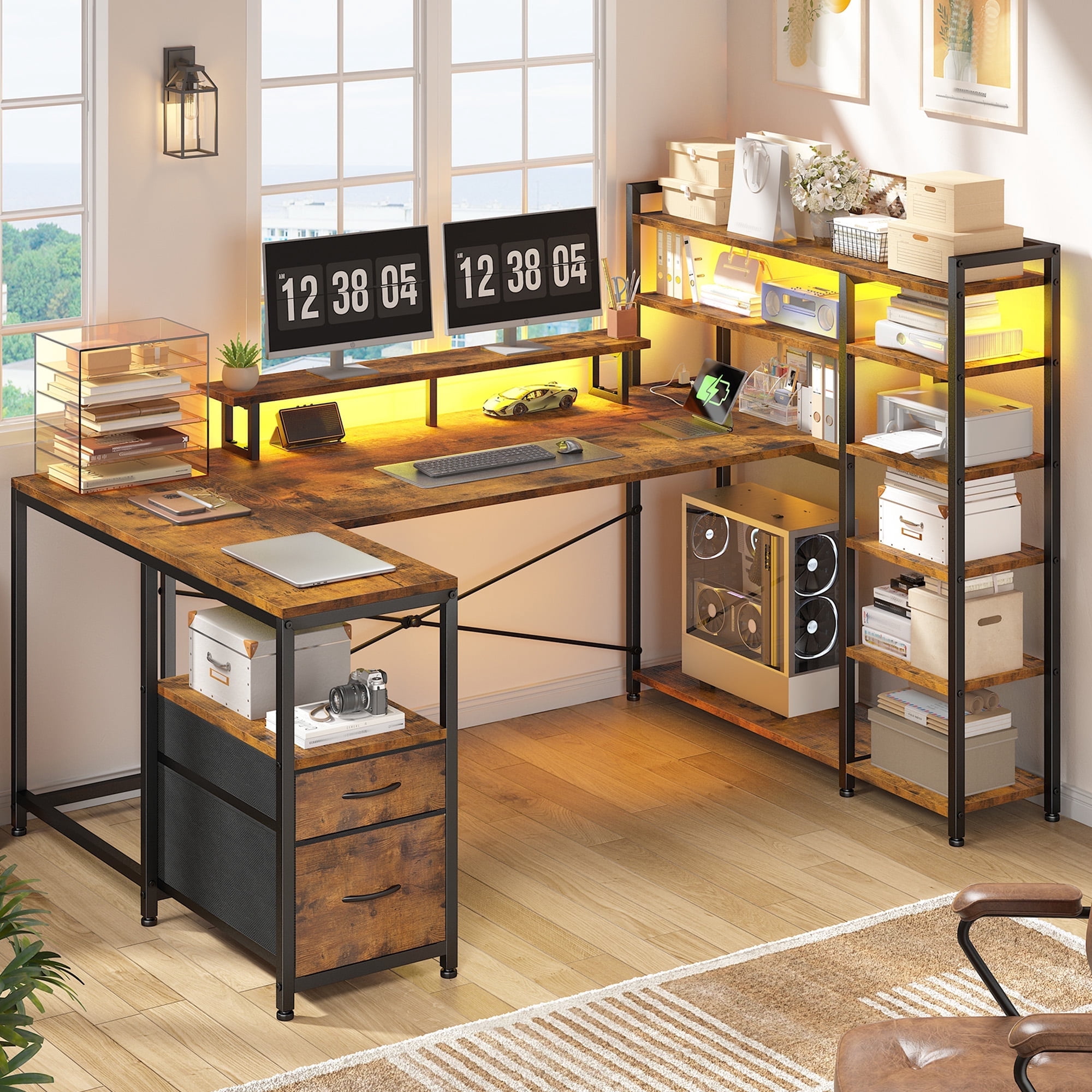 Romorgniz 63 inch U-Shaped Gaming Desk with Power Outlet & LED Lights, 6-Tier Storage Shelves & 2 Fabric Drawers, Reversible Computer Desk for Home Office, Rustic Brown