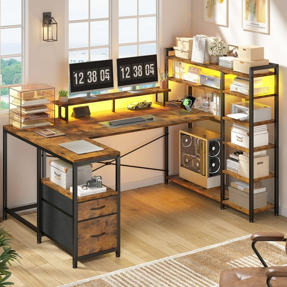 Romorgniz 63 inch U-Shaped Gaming Desk with Power Outlet & LED Lights, 6-Tier Storage Shelves & 2 Fabric Drawers, Reversible Computer Desk for Home Office, Rustic Brown