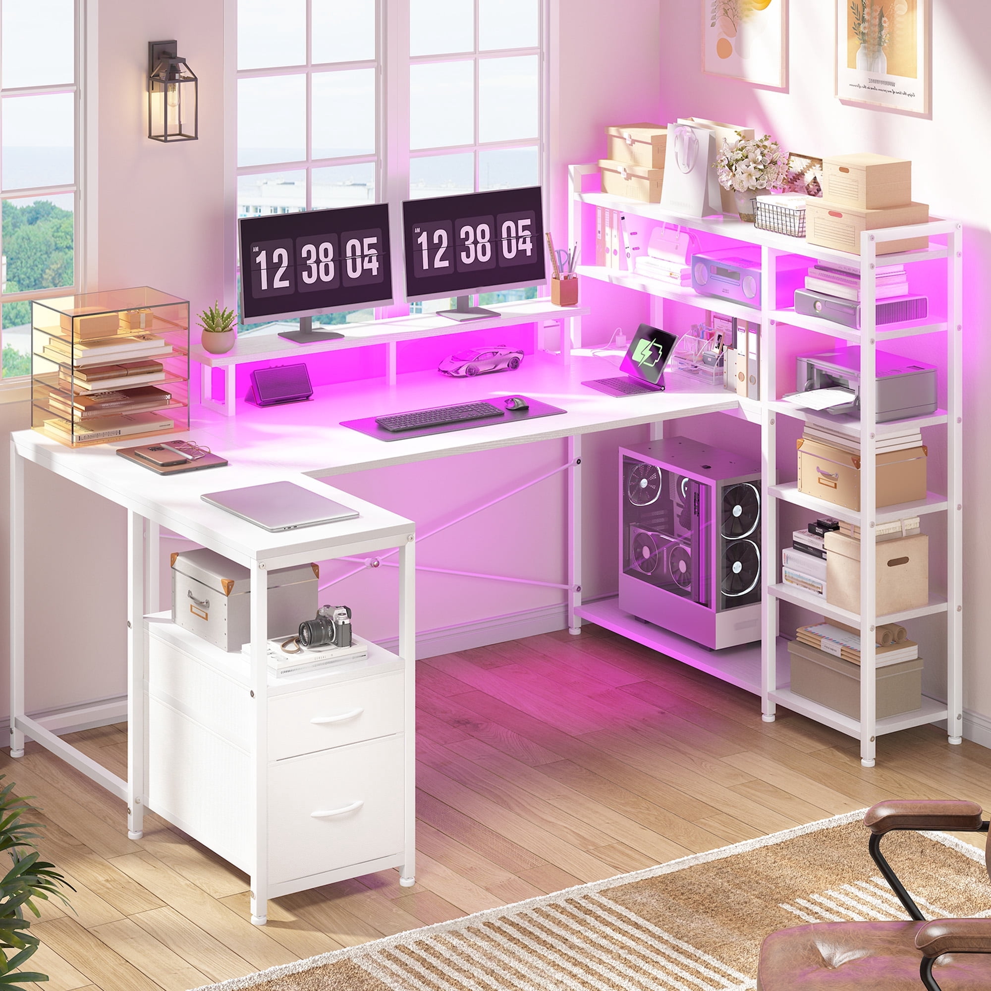Romorgniz 63 inch U-Shaped Gaming Desk with Power Outlet & LED Lights, 6-Tier Storage Shelves & 2 Fabric Drawers, Reversible Computer Desk for Home Office, White