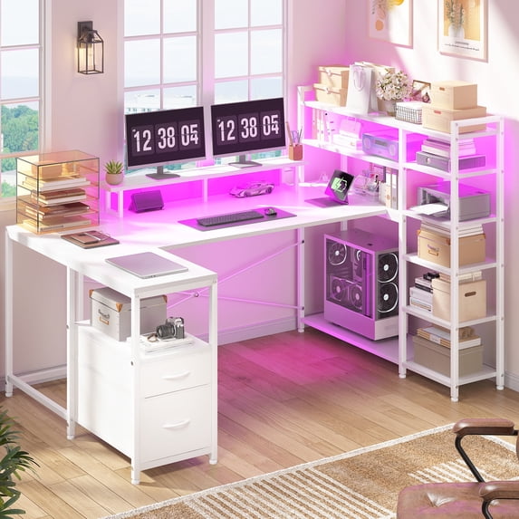 Romorgniz 63 inch U-Shaped Gaming Desk with Power Outlet & LED Lights, 6-Tier Storage Shelves & 2 Fabric Drawers, Reversible Computer Desk for Home Office, White