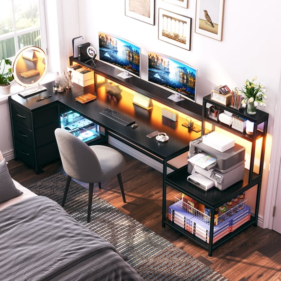 Romorgniz 70.9" W L-Shaped Gaming Desk with Drawers, Computer Desk with Power Outlet & LED Lights, Home Office Desk, Black