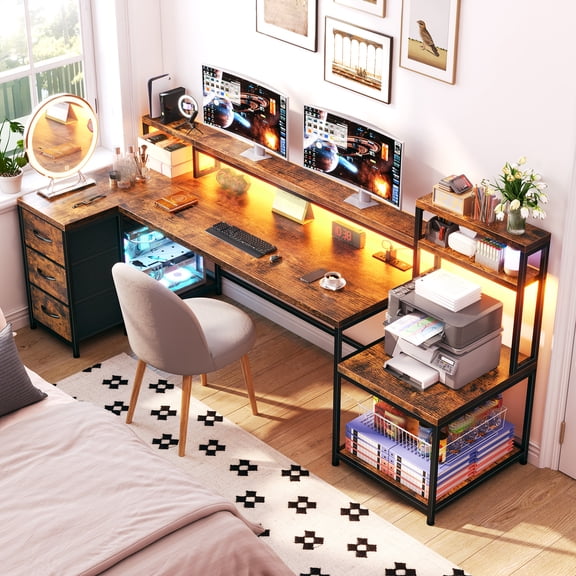 Romorgniz 70.9" W L-Shaped Gaming Desk with Power Outlet & LED Lights, Computer Desk with Storage Shelves and Monitor Stand, Rustic Brown
