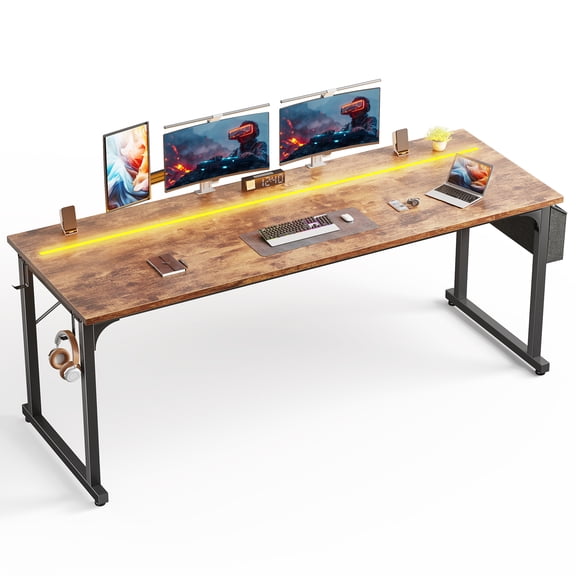 Romorgniz 71 Inch Computer Desk with LED Lights for Small Spaces, Home Office Desk with Storage Bag, Headphone Hook, Rustic Brown