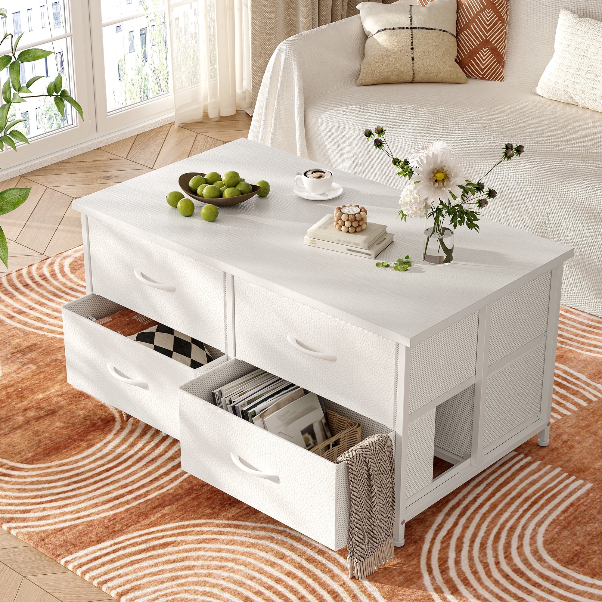 Romorgniz 8-Drawer Coffee Table Center Table for Living Room Movable Storage Coffee Tables with Wheels & Metal Table Legs，White
