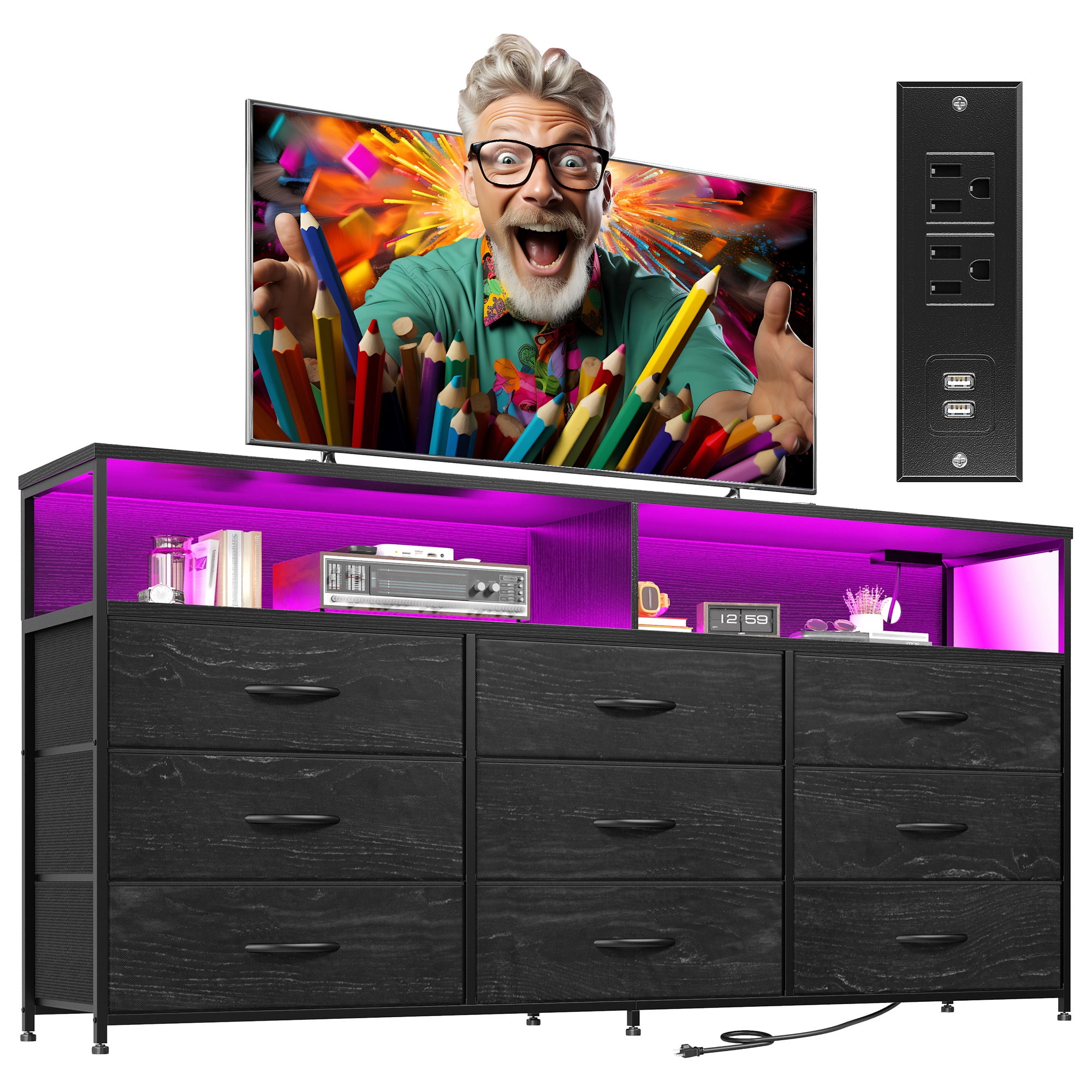 Romorgniz 9-Drawer Wide Dresser with Power Outlet & LED Lights, Fabric Chest of Drawers for Bedroom,TV Stand for 65"Screens​,Black