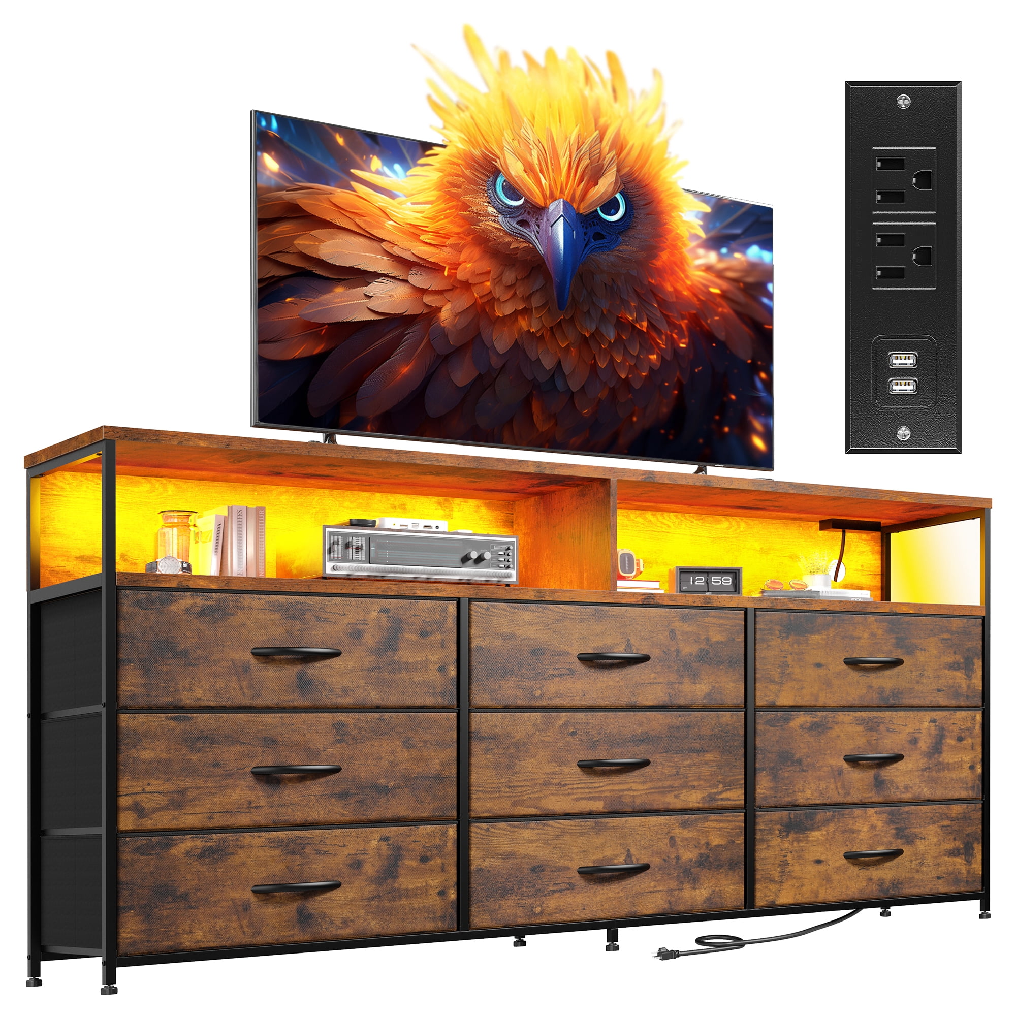 Romorgniz 9-Drawer Wide Dresser with Power Outlet & LED Lights, Fabric Chest of Drawers for Bedroom,TV Stand for 65"Screens,Rustic Brown