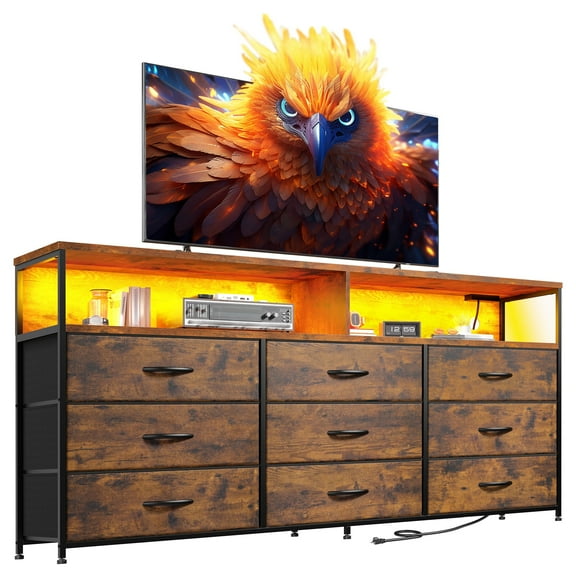 Romorgniz 9-Drawer Wide Dresser with Power Outlet & LED Lights, Fabric Chest of Drawers for Bedroom,TV Stand for 65"Screens,Rustic Brown