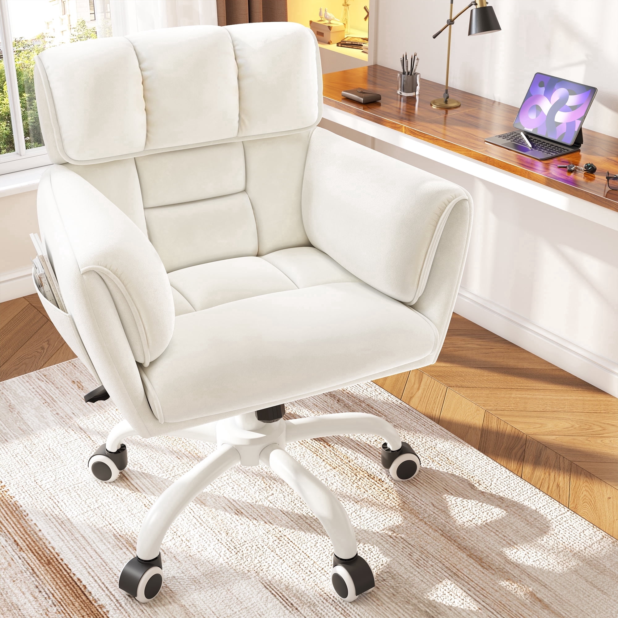 Romorgniz Adjustable Office Chair with Wheels, Soft-Touch Upholstered Desk Chair with Side Pockets, Ergonomic Vanity Chair for Bedroom, Home Office,Beige