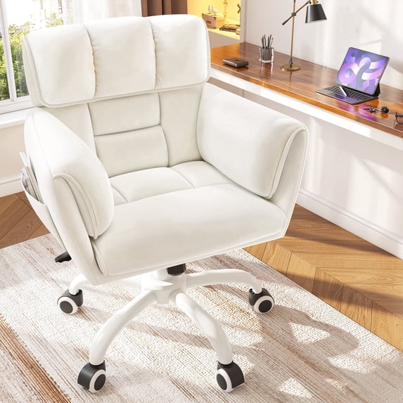 Romorgniz Adjustable Office Chair with Wheels, Soft-Touch Upholstered Desk Chair with Side Pockets, Ergonomic Vanity Chair for Bedroom, Home Office,Beige