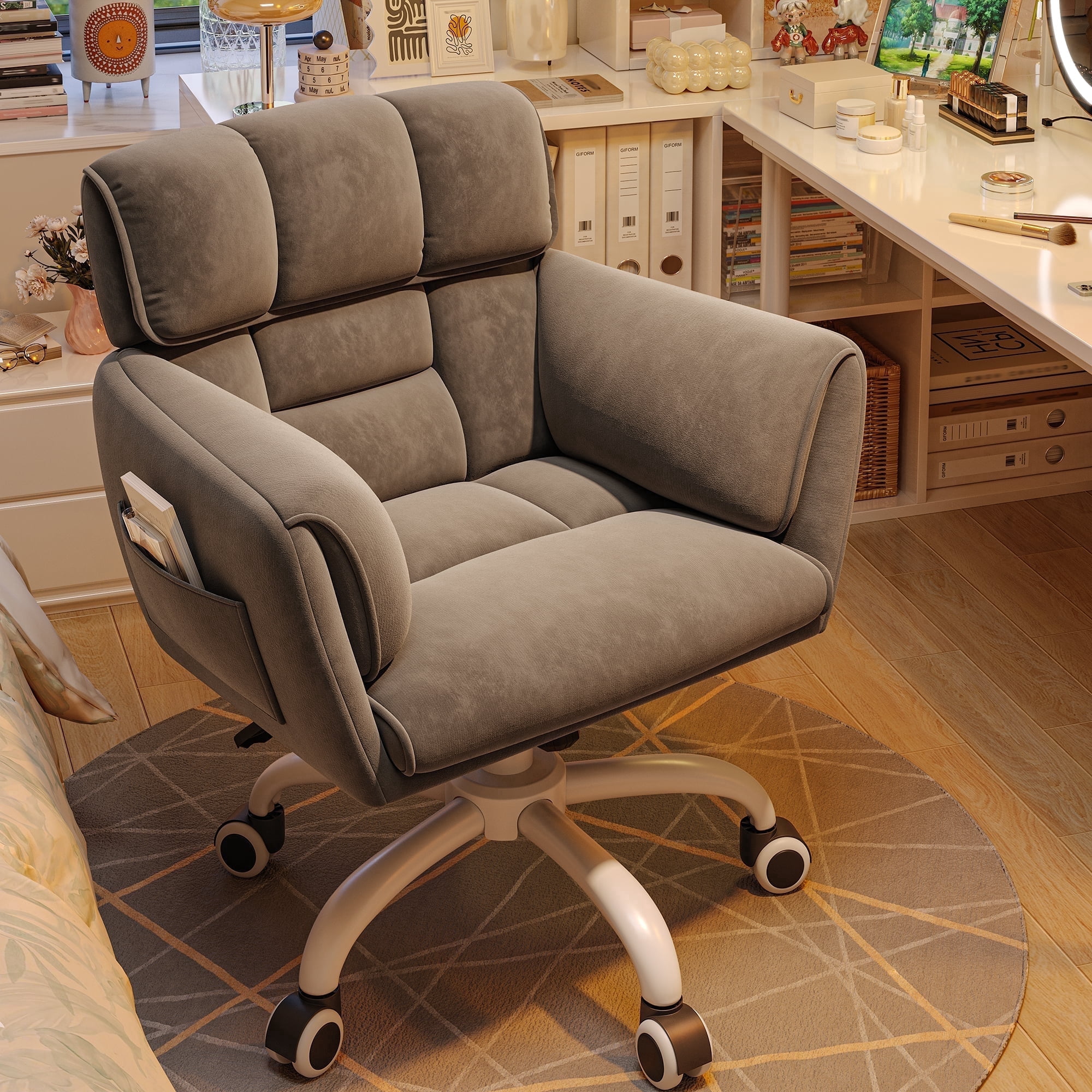 Romorgniz Adjustable Office Chair with Wheels, Soft-Touch Upholstered Desk Chair with Side Pockets, Ergonomic Vanity Chair for Bedroom, Home Office, Grey