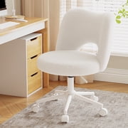 Romorgniz Adjustable Vanity Chair with Backrest Teddy Velvet Swivel Desk Chair with Wheels, Space-Saving Makeup Computer Chair, Beige
