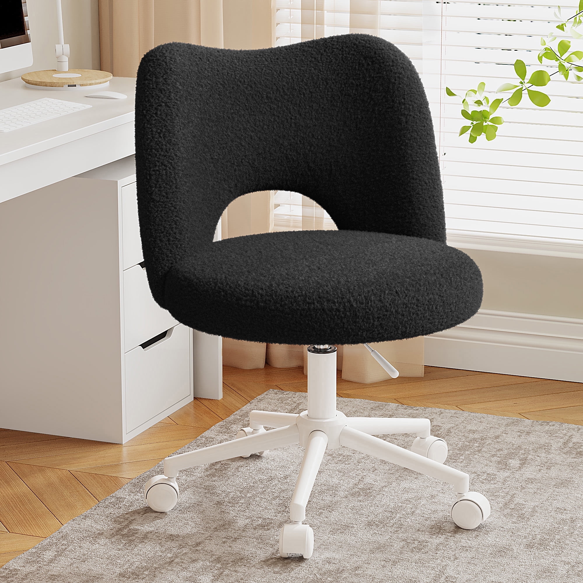 Romorgniz Adjustable Vanity Chair with Backrest Teddy Velvet Swivel Desk Chair with Wheels, Space-Saving Makeup Computer Chair, Black