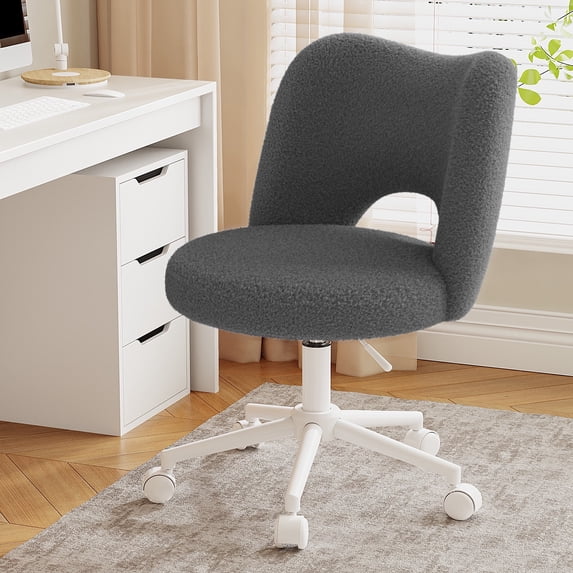 Romorgniz Adjustable Vanity Chair with Backrest Teddy Velvet Swivel Desk Chair with Wheels, Space-Saving Makeup Computer Chair, Grey