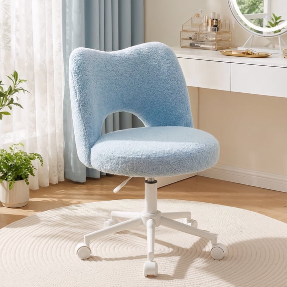 Romorgniz Adjustable Vanity Chair with Backrest Teddy Velvet Swivel Desk Chair with Wheels, Space-Saving Makeup Computer Chair, Light Blue