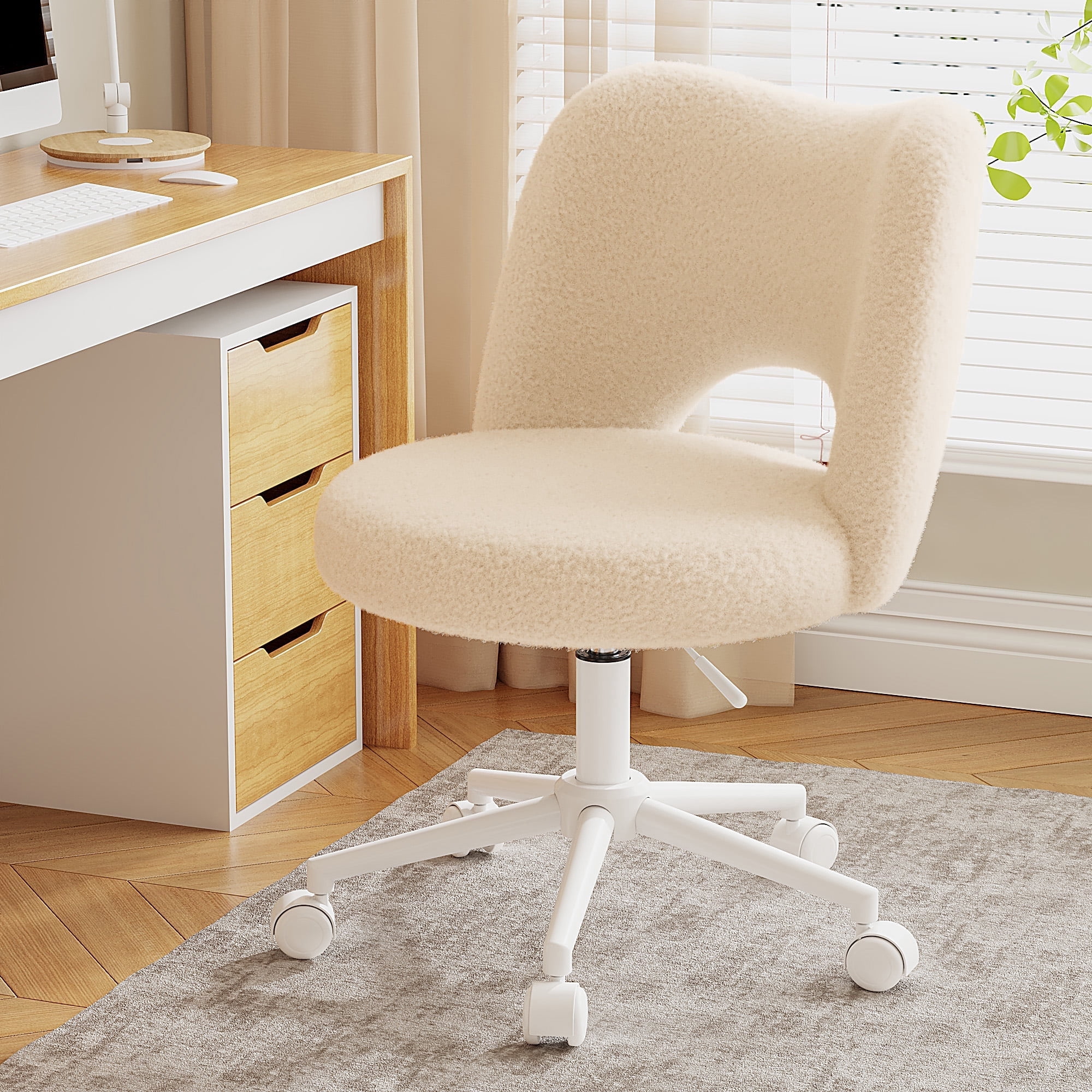 Romorgniz Adjustable Vanity Chair with Backrest Teddy Velvet Swivel Desk Chair with Wheels, Space-Saving Makeup Computer Chair, Off-White