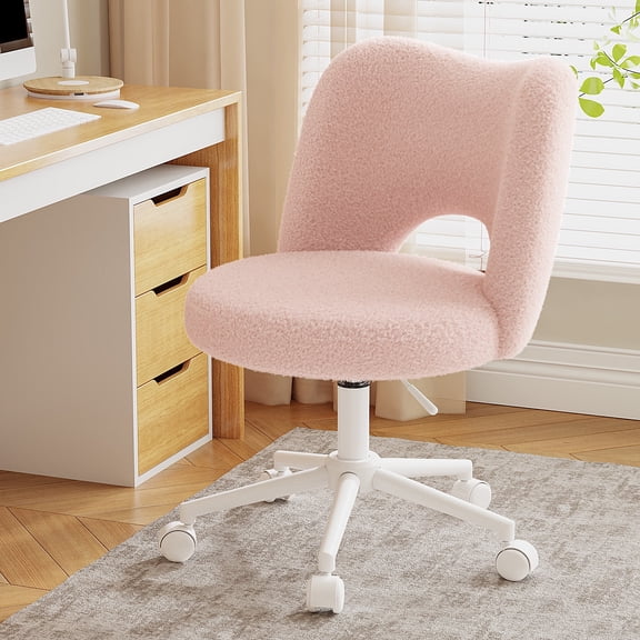 Romorgniz Adjustable Vanity Chair with Backrest Teddy Velvet Swivel Desk Chair with Wheels, Space-Saving Makeup Computer Chair, Pink