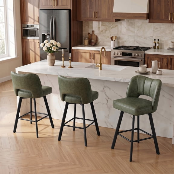 Romorgniz Bar Stool with Back Set of 3, Counter Height Bar Stools with Footrest Swivel Bar Stools with Ergonomic Hollow Backrest for Kitchen Counter, Olive Green
