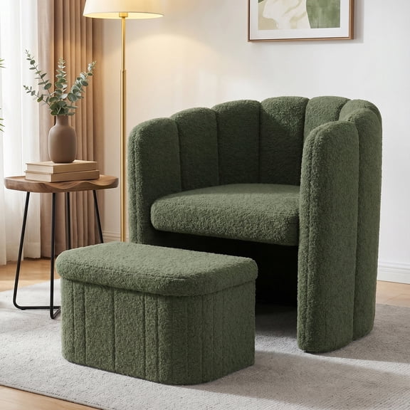 Romorgniz Barrel Chair with Storage Ottoman, Teddy Fleece Barrel Accent Chair & Footrest Set Comfy Ergonomic Shell Back with Lumbar Support, Matcha Green