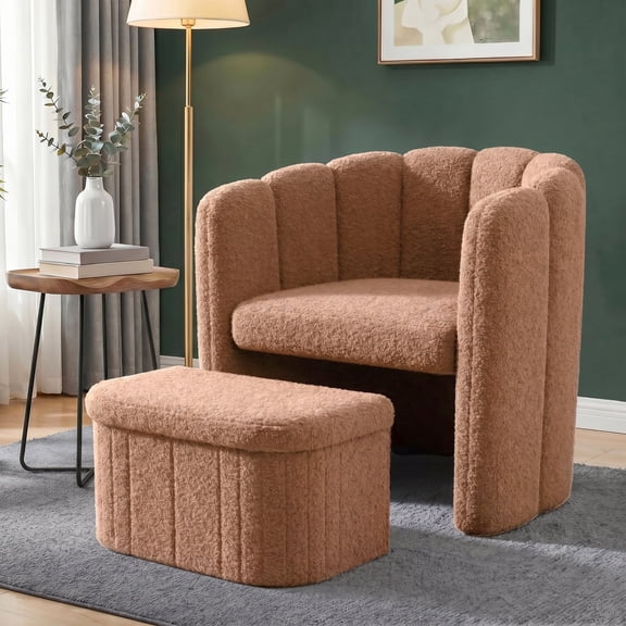Romorgniz Barrel Chair with Storage Ottoman, Teddy Fleece Barrel Accent Chair & Footrest Set Comfy Ergonomic Shell Back with Lumbar Support, Khaki
