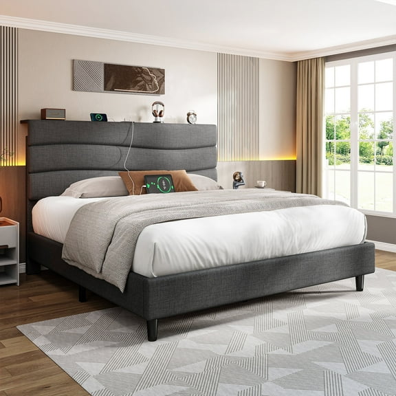 Romorgniz Bed Frame Queen with Adjustable Headboard Charging Station Upholstered Bed Frame & with Storage Space, Grey