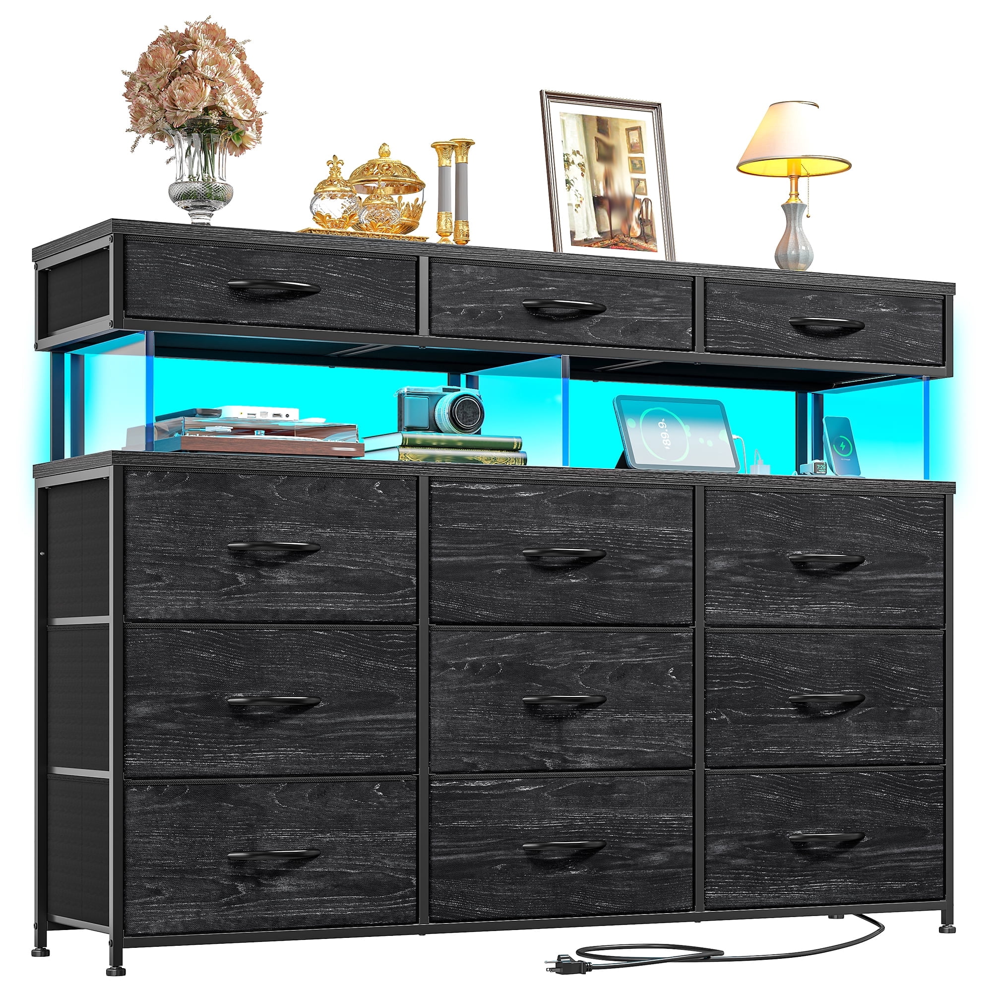 black acrylic dresser Romorgniz Black Dresser for Bedroom with 12 Fabric Drawers Wide Dresser with LED Lights & Charging Station Chest of Drawers with Acrylic Sheet