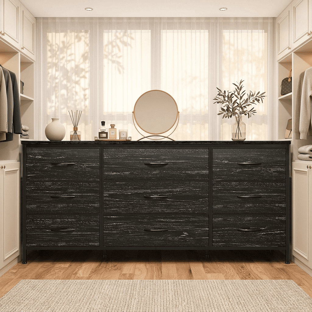 black 60 inch dresser Romorgniz Black TV Stand for 60 inch TV Dressers for Bedroom with 9 Fabric  Drawers Wide Dresser for Living Room, Sturdy Metal Frame & Wood Top