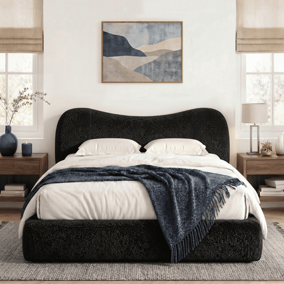 Romorgniz Cloud Bed Frame Full with Stylish Upholstered Headboard Boucle Platform Bed Frame with Rounded Corner,Easy Assembly,Noise-Free,Black