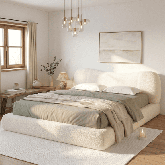 Romorgniz Cloud Bed Frame King with Stylish Upholstered Headboard Boucle Platform Bed Frame with Rounded Corner,Easy Assembly,Noise-Free,White