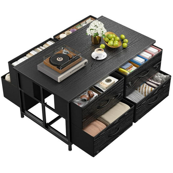Romorgniz Coffee Table with Storage Drawers 39"W Center Table for Living Room Modern Coffee Tables with Wheels & Metal Table Legs，Black