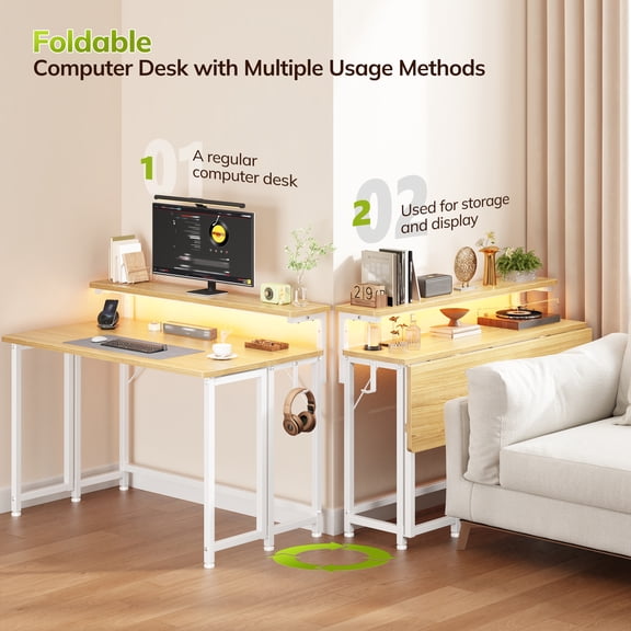 Romorgniz 31.5"D Office Desk with LED Lights & Hooks, Folding Desk for Small Spaces, Space Saving Sofa Table for Couch, Reading Table for Living Room, Oak