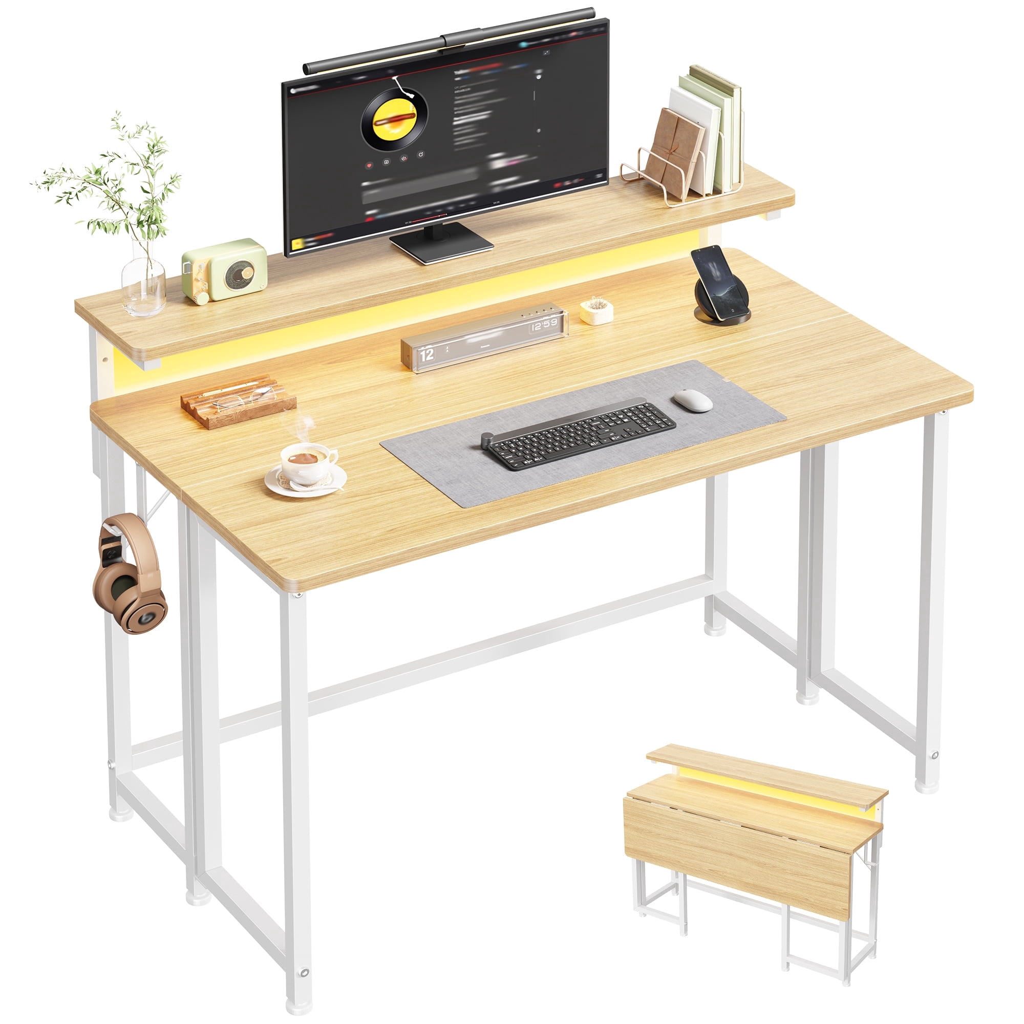 Romorgniz 39.4"D Office Desk with LED Lights & Hooks, Folding Desk for Small Spaces, Space Saving Sofa Table for Couch, Reading Table for Living Room, Oak