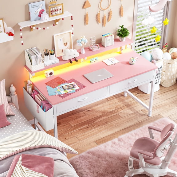 Romorgniz Computer Desk with LED Lights, 2 Fabric Drawers & Side Pocket, Small Desk with Monitor Stand for Home Office, Gaming, Small Spaces, Pink