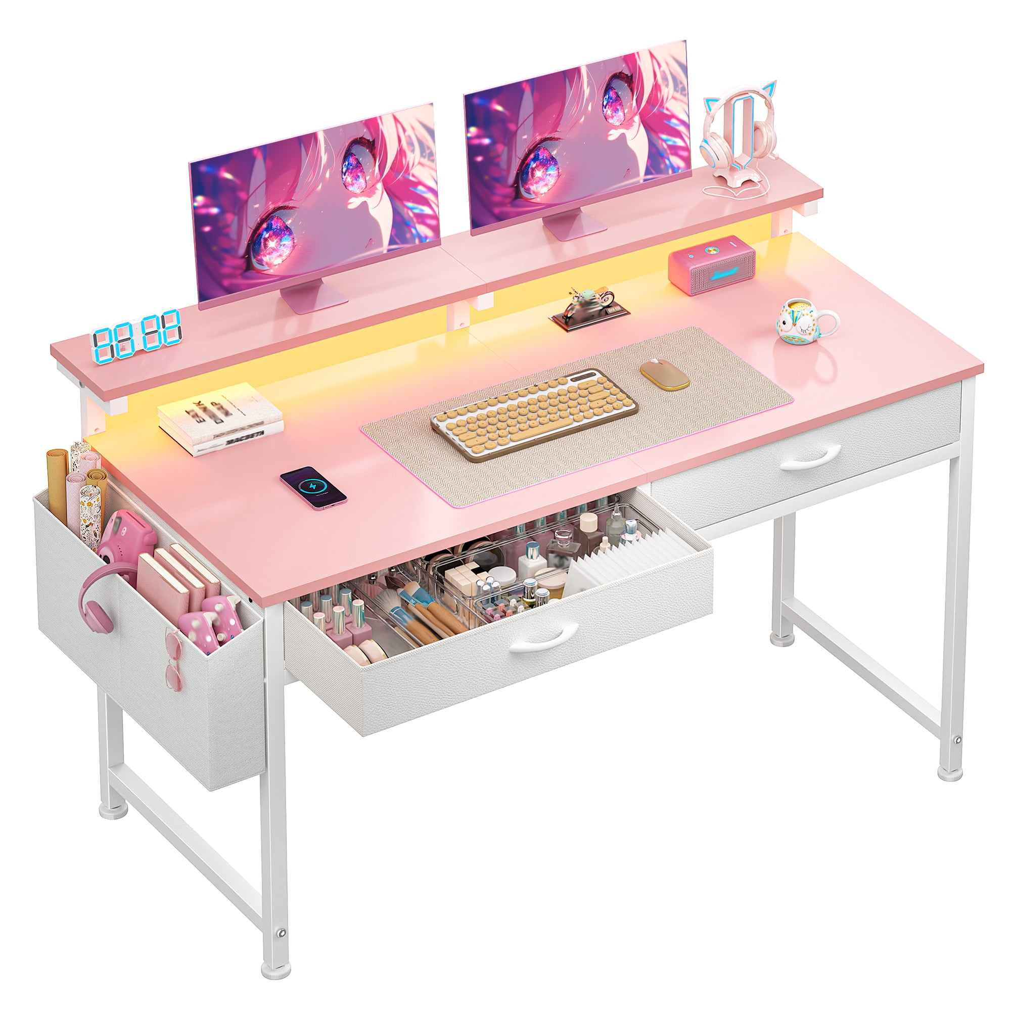 Romorgniz Computer Desk with LED Lights, 2 Fabric Drawers & Side Pocket, Small Desk with Monitor Stand for Home Office, Gaming, Small Spaces, Pink