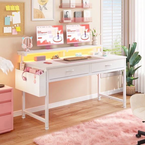 Romorgniz Computer Desk with LED Lights, 2 Fabric Drawers & Side Pocket, Small Desk with Monitor Stand for Home Office, Gaming, Small Spaces, White