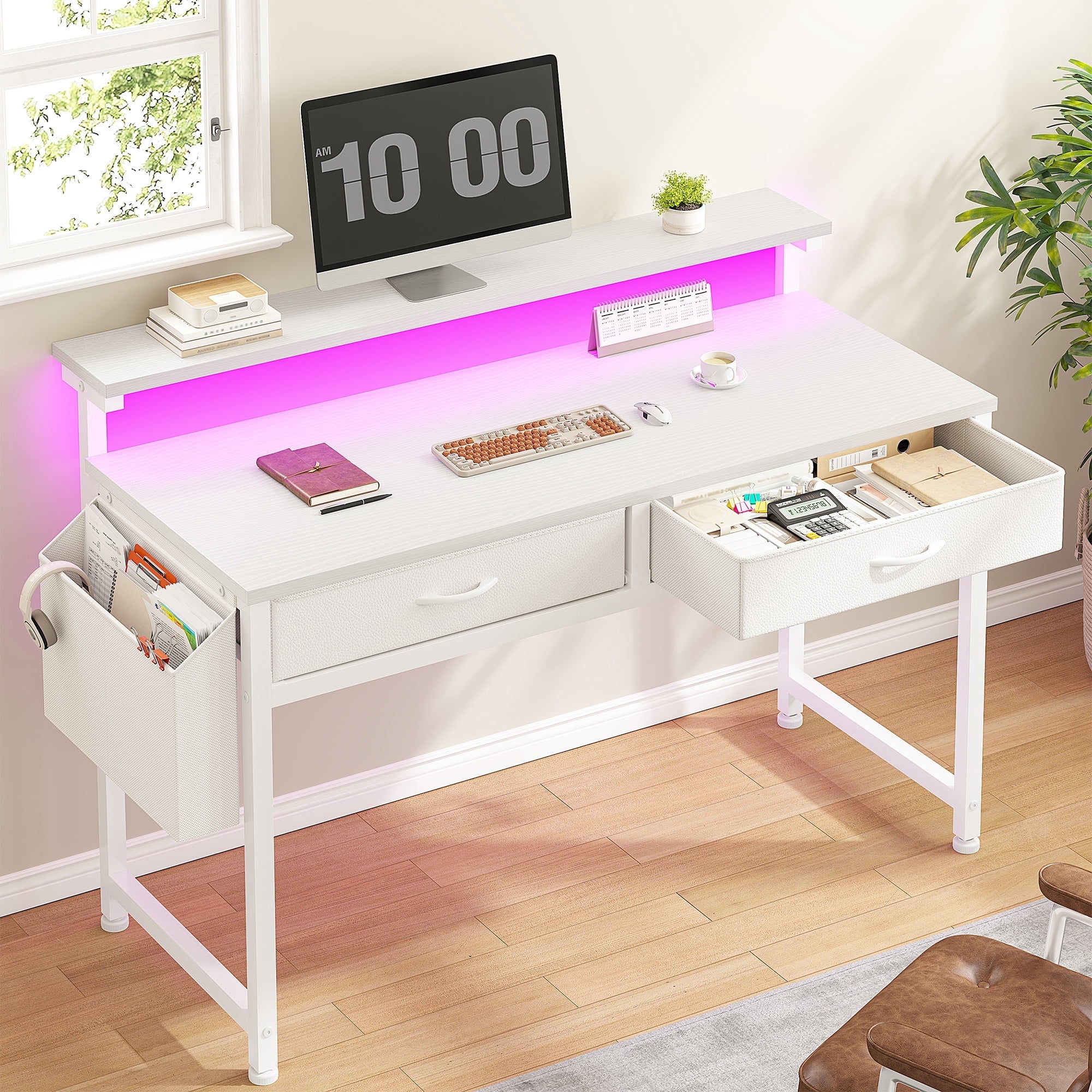 Romorgniz Computer Desk with LED Lights, 2 Fabric Drawers & Side Pocket, Small Desk with Monitor Stand for Home Office, Gaming, Small Spaces, White