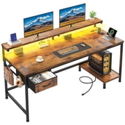 Romorgniz Computer Desk with Power Outlet & Fabric Drawer, Adjustable Gaming Office Desk with LED Lights & CPU Stand for Small Spaces, Rustic Brown