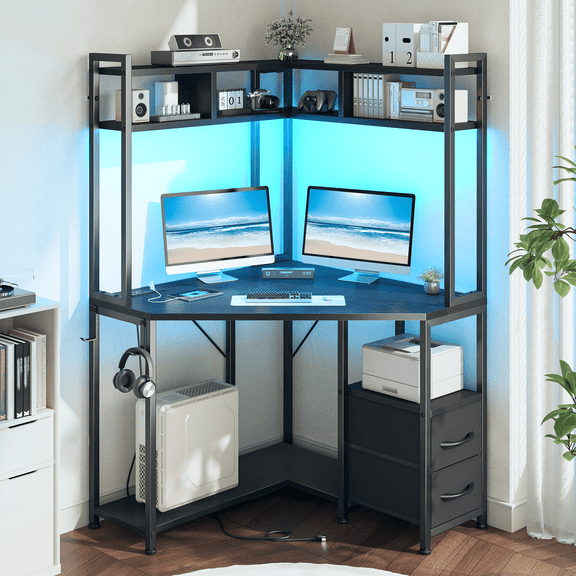 Romorgniz Corner Desk with Storage & Hutch Computer Desk with Drawers Gaming Desk with Outlets & LED Lights Computer Desk with Shelves, Black