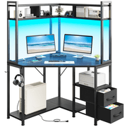 Romorgniz Corner Computer Desk with 2 Drawers & Hutch, Gaming Desk with LED Lights and Power Outlets Writing Study Table for Small Space, Black