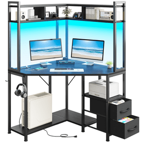 Romorgniz Corner Computer Desk with 2 Drawers & Hutch, Gaming Desk with LED Lights and Power Outlets Writing Study Table for Small Space, Black