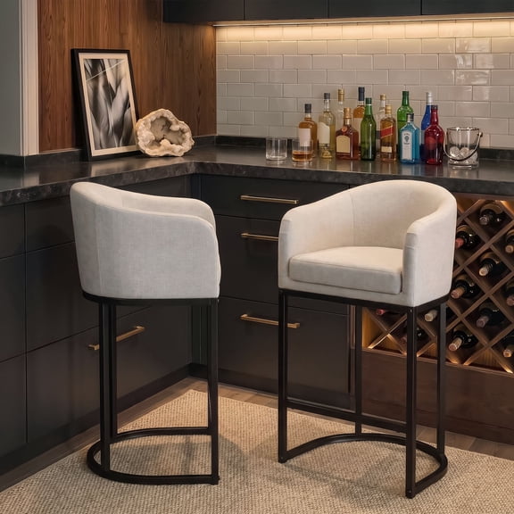 Romorgniz Cotton Linen Barrel Bar Stools Set of 2, Counter Height with Armrests, Double-Layer Cushion Curved Backrest, Adjustable Foot Pads,White