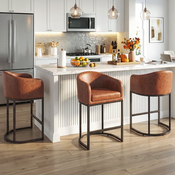 Romorgniz Cotton Linen Barrel Bar Stools Set of 3, Counter Height with Armrests, Double-Layer Cushion Curved Backrest, Adjustable Foot Pads,Brown