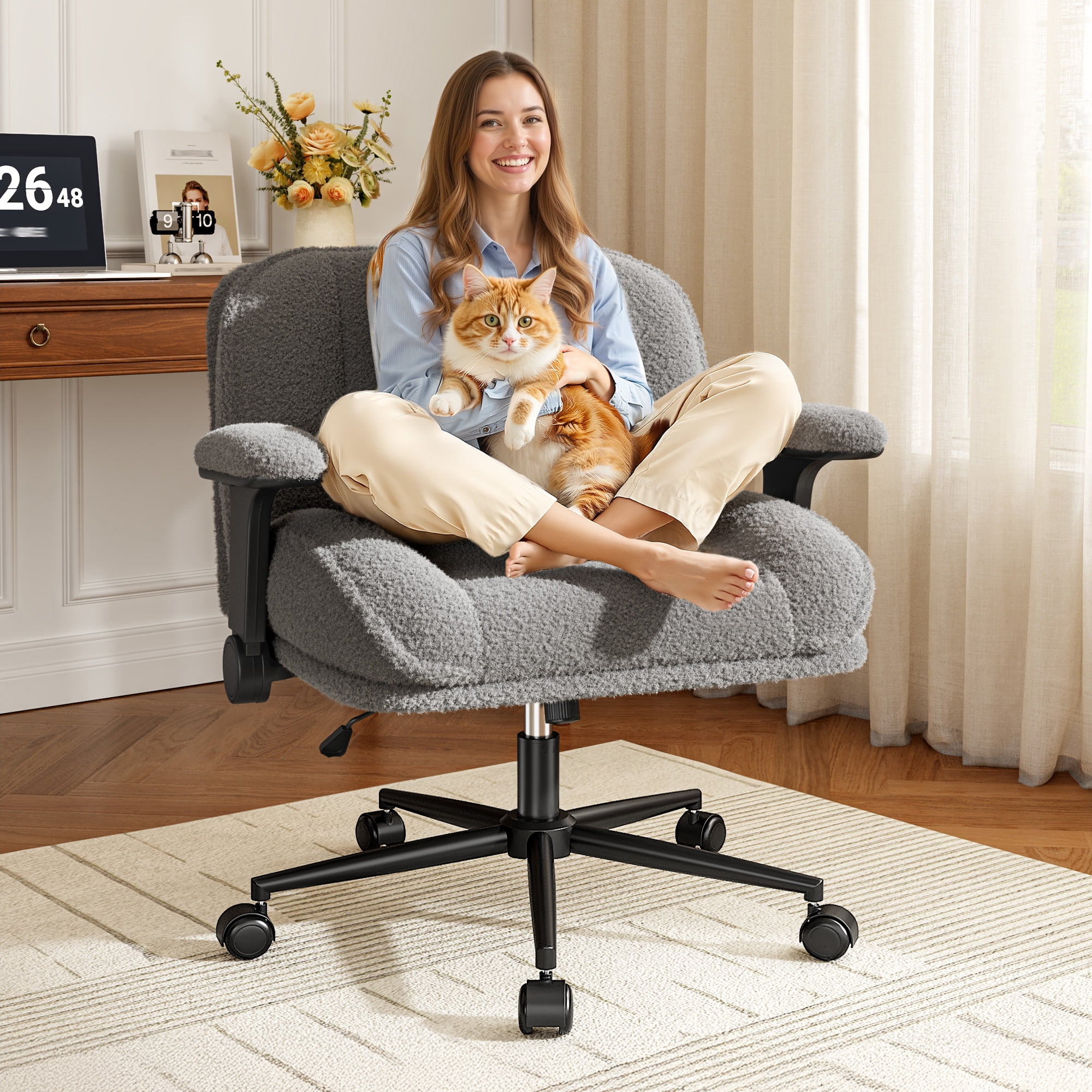 Romorgniz Criss Cross Chair with Adjustable Arms & Lumbar Support Office Chair with Reclining Back, Thick Cushion & Wheels for Office, Gaming, Reading, Grey
