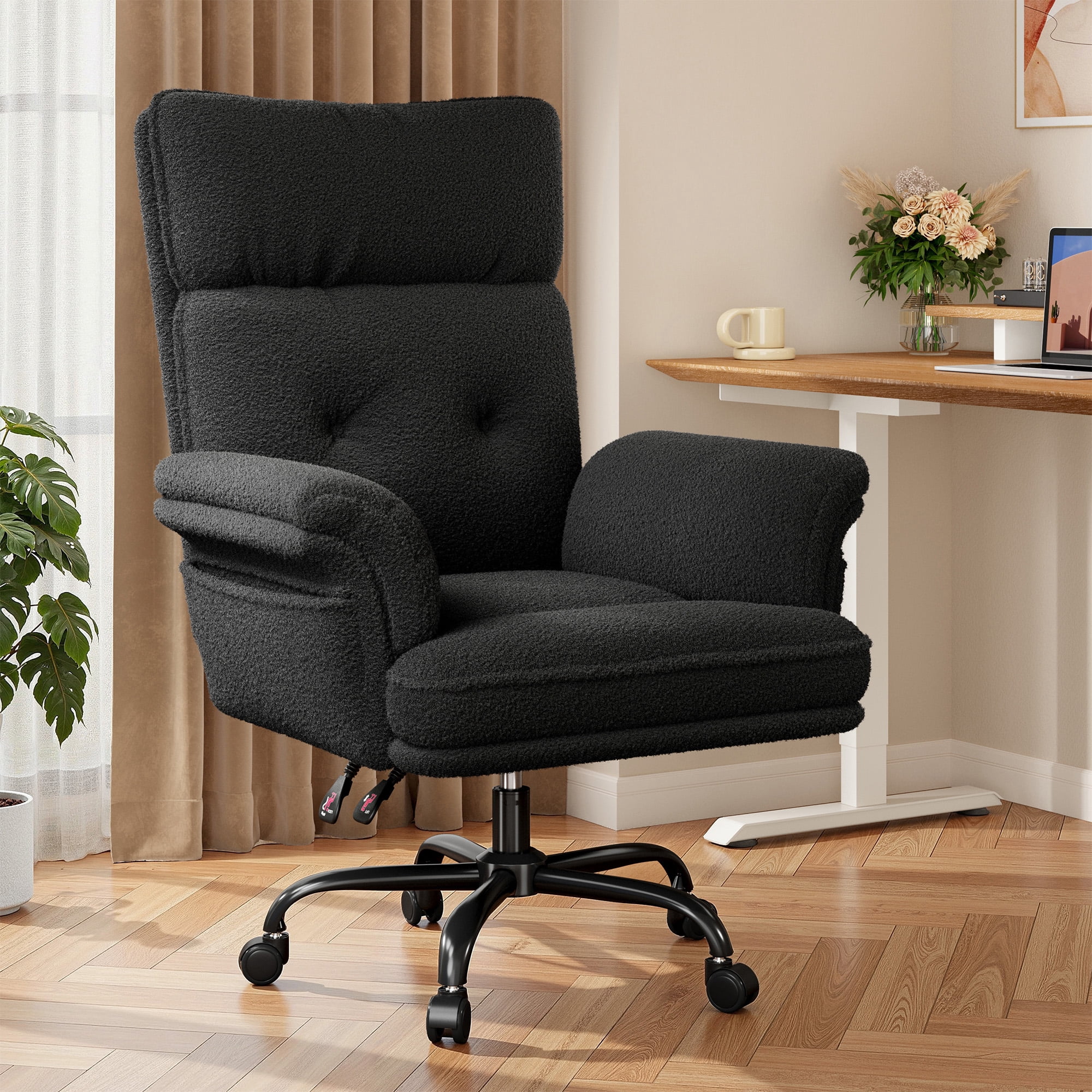 Romorgniz Criss Cross Chair with Armrests & Wheels Ergonomic Computer Gaming Chair with Two Side Pockets Teddy Plush Wide Seat Reclining Desk Chair for Home Office, Black