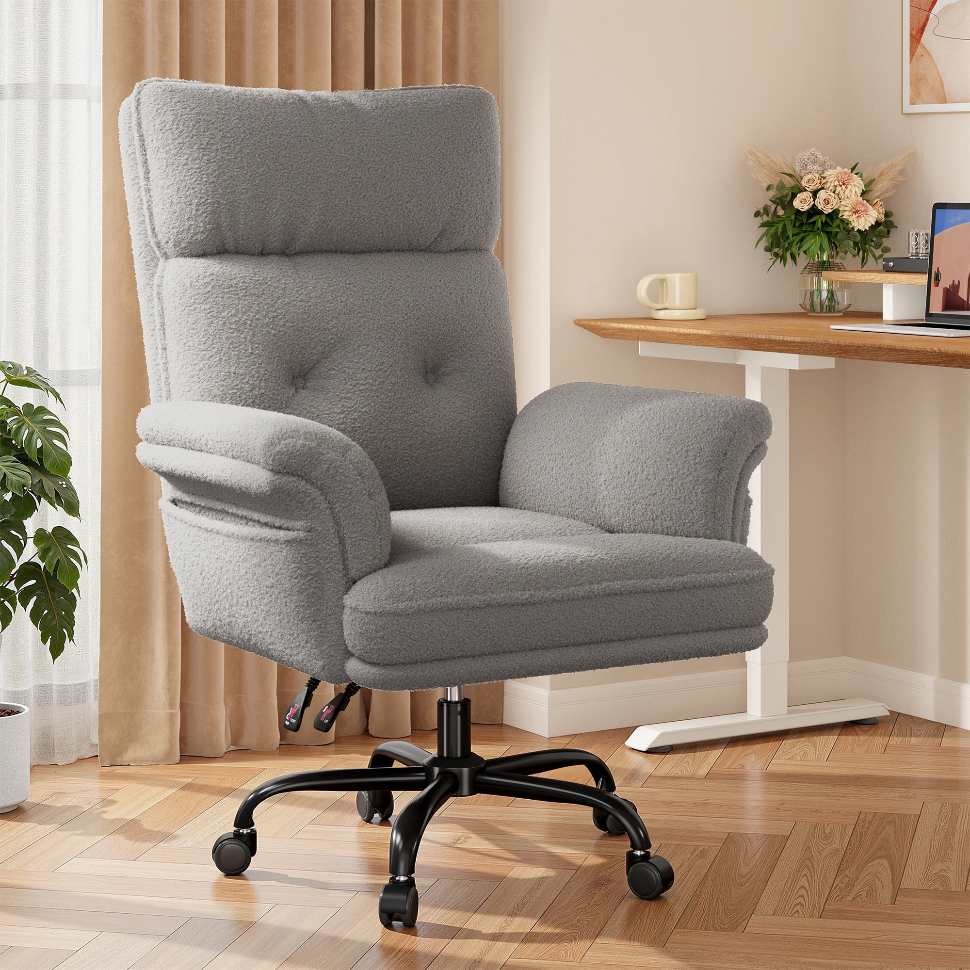 Romorgniz Criss Cross Chair with Armrests & Wheels Ergonomic Computer Gaming Chair with Two Side Pockets Teddy Plush Wide Seat Reclining Desk Chair for Home Office, Gray
